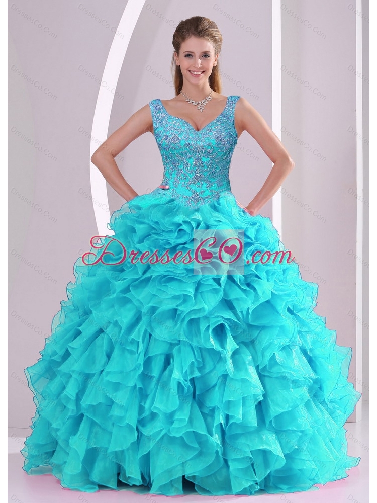 Most Popular and Latest Beading and Ruffles Quinceanera Dress in Aqua Blue Color