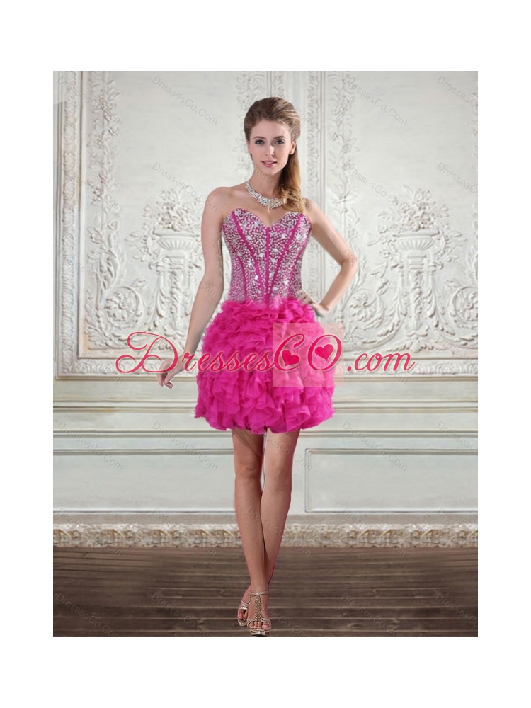 Hot Pink High Low Prom Dress with Beading and Ruffled Layers