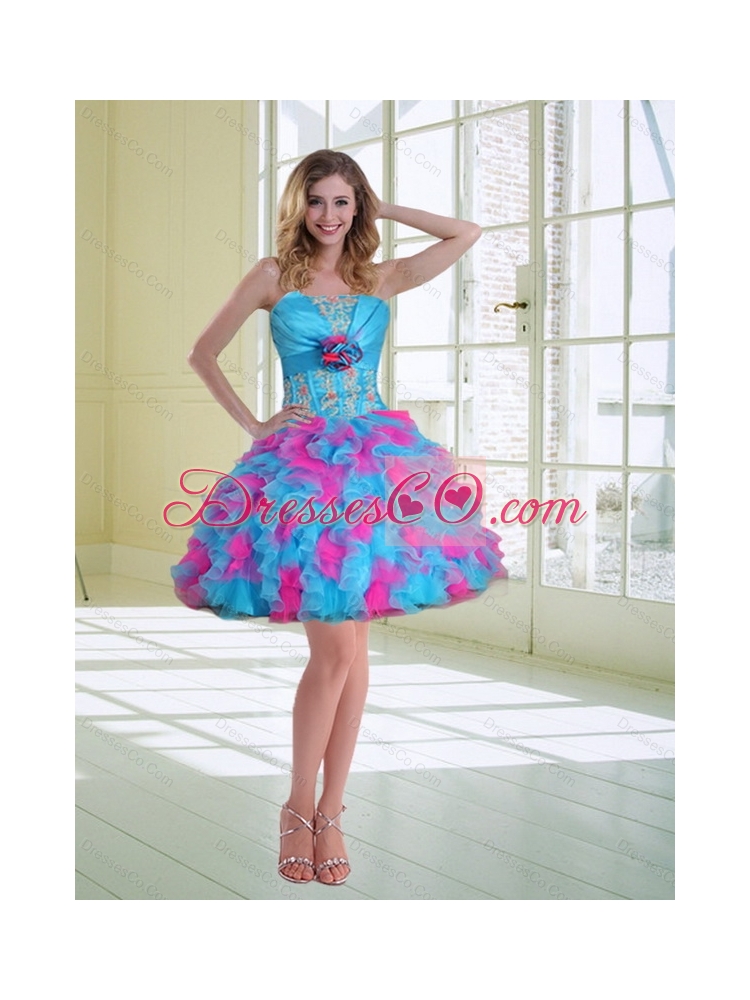 Ball Gown Strapless Ruffled Prom Dress with Hand Made Flower