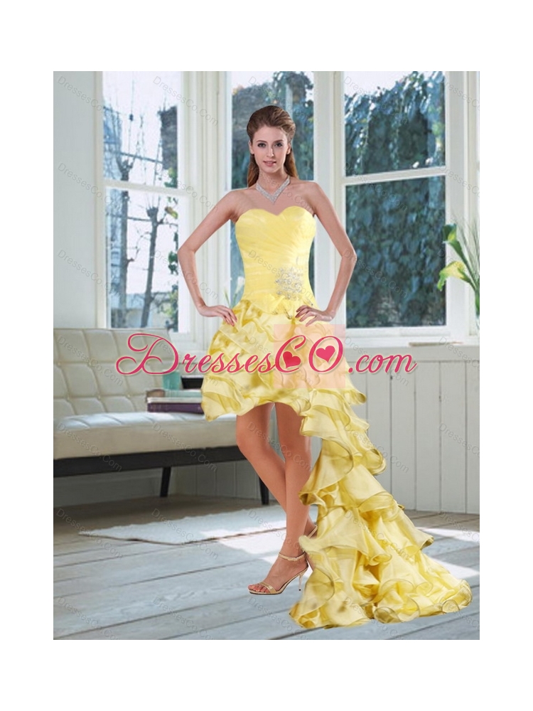 Light Yellow High Low Prom Dress with Beading and Ruffled Layers