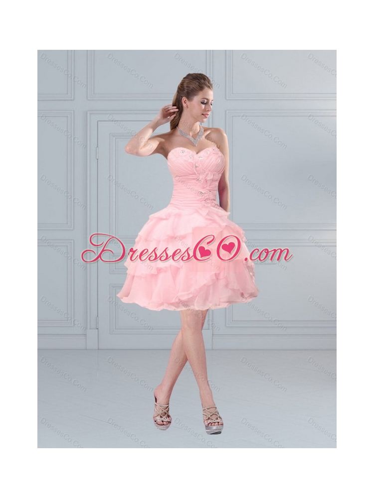 New Style Cute Baby Pink  Prom Gown with Ruffled Layers and Beading