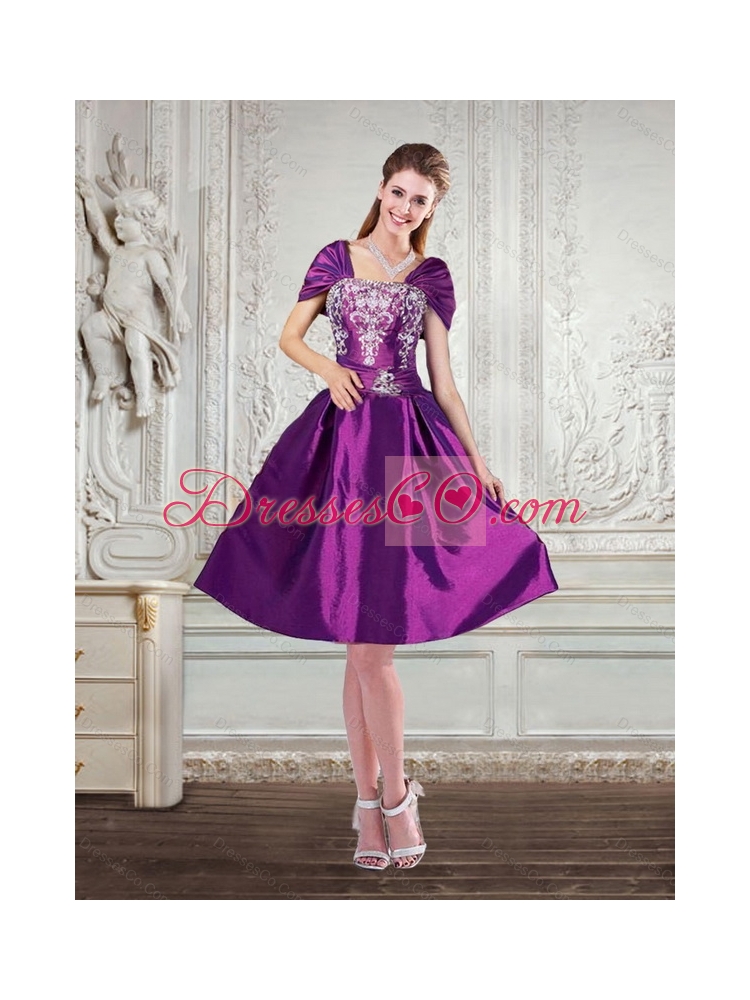 Purple Strapless Prom Dress with Cap Sleeves with Beading and  Embroidery