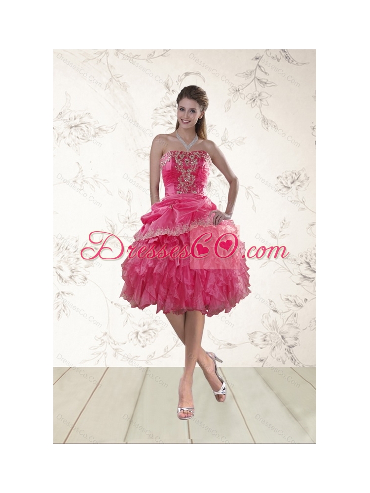 Coral Red Strapless Prom Dress with Beading and Ruffles