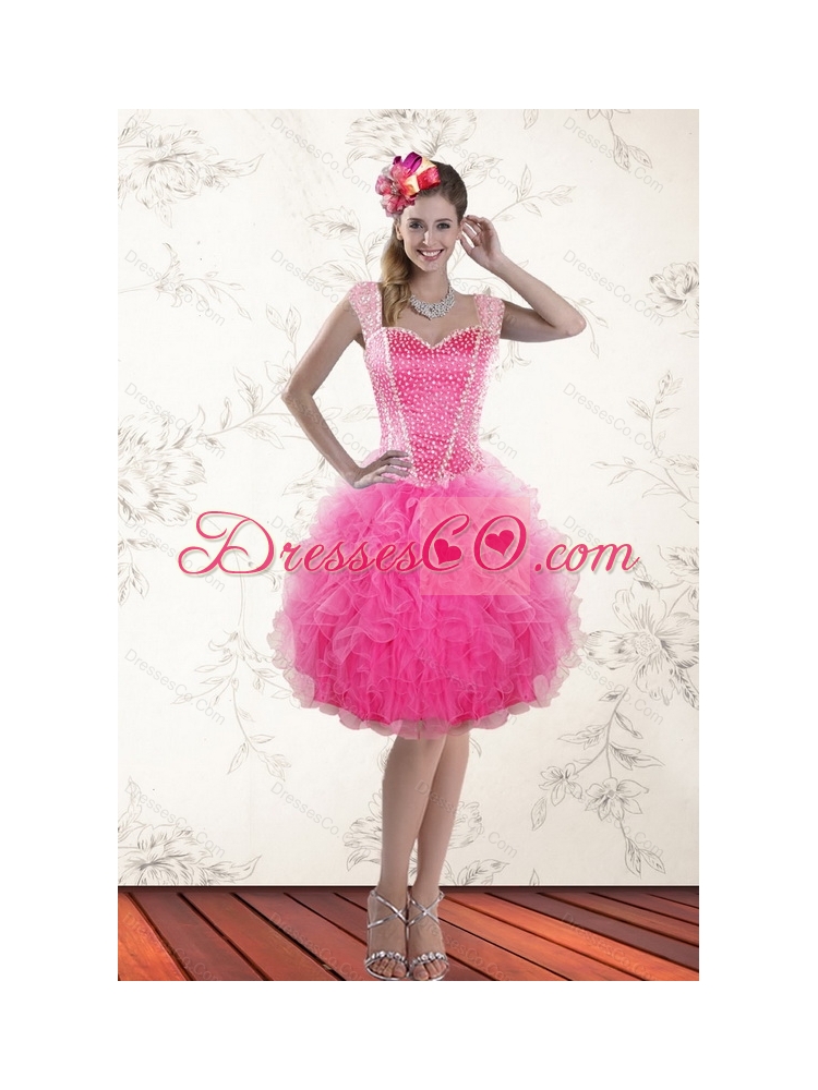 Fashionable Hot Pink  Straps Prom Dress with Beading and Ruffles