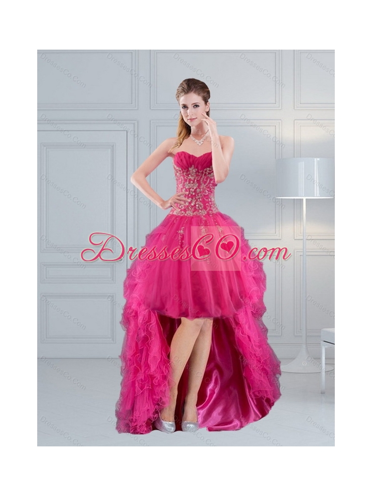 High Low Hot Pink  Prom Dress with Embroidery and Beading
