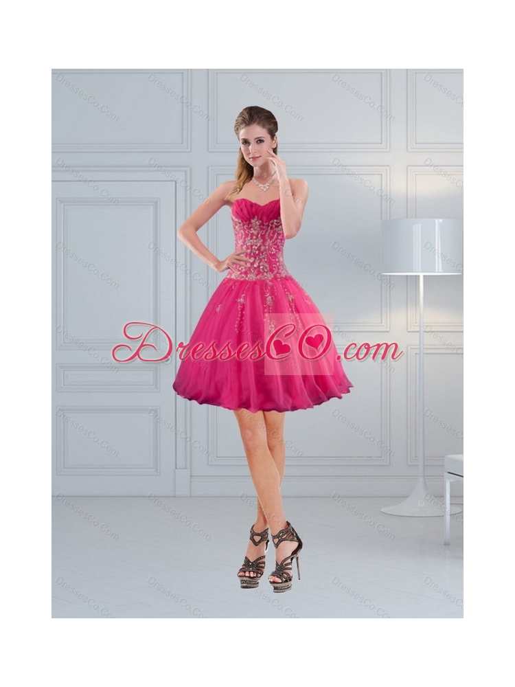 High Low Hot Pink  Prom Dress with Embroidery and Beading