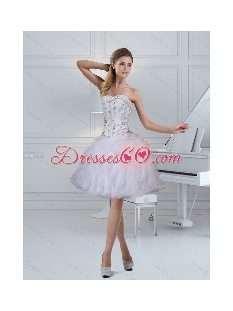 New Style Strapless White Prom Dress with Ruffles and Beading