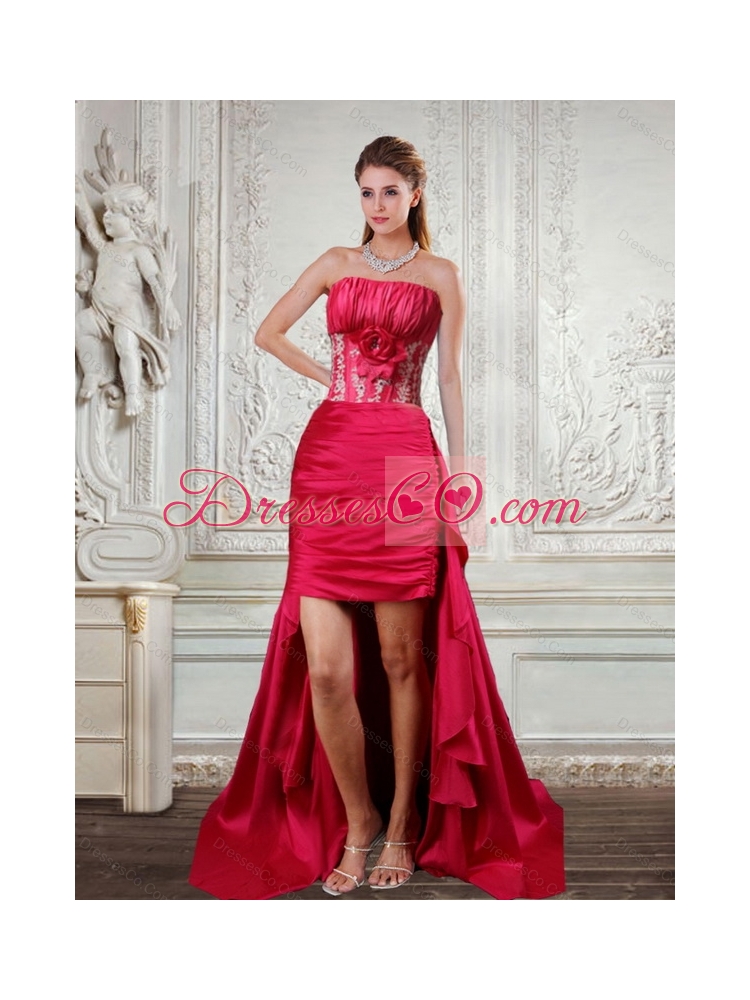 Elegant High Low Strapless Ruffled Coral Red Prom Dress with Hand Made Flower