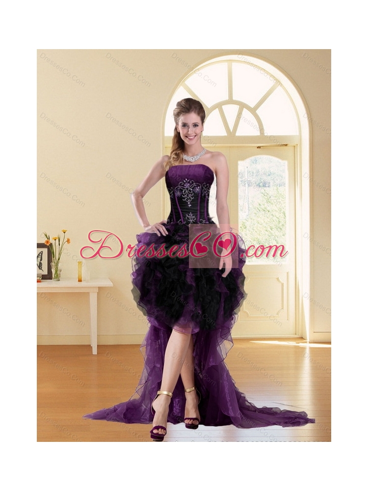 New Style Multi Color High Low Strapless Prom Dress with Beading and Ruffles for