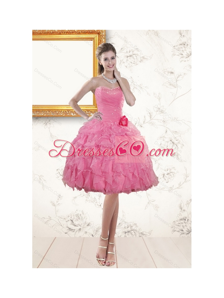 New Style Rose Pink  Prom Dress with Beading and Ruffles