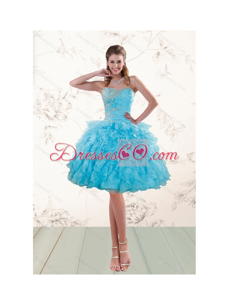 Fashionable Modest Baby Blue Beaded Prom Gown with  Ruffles