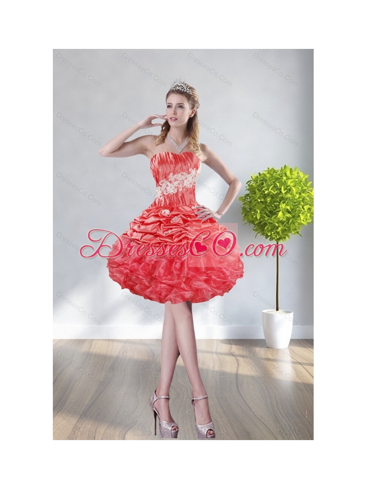 Modest Strapless Watermelon Red Prom DressWith Appliques and Ruffles
