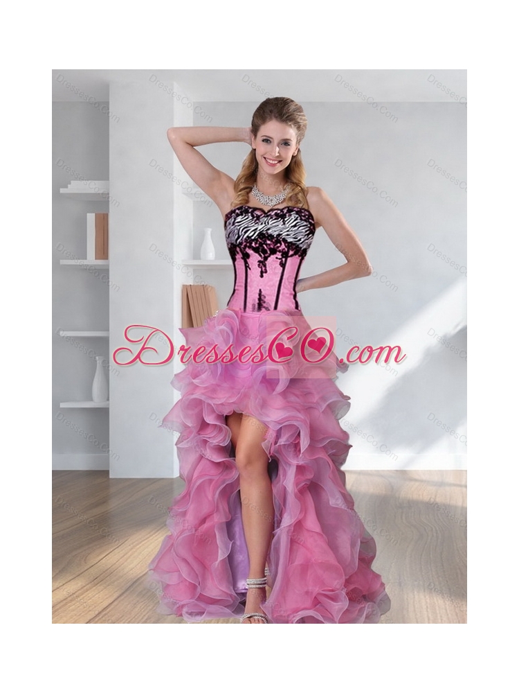Cheap Zebra Printed Strapless High-low Rose Pink Prom Dress with Embroidery