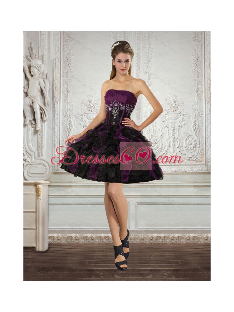 Cheap High Low Multi Color Strapless Prom Dress with Ruffles and Embroidery