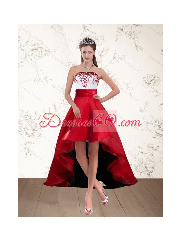 Cheap Pretty White And Wine Red High Low Strapless Prom Dress with Embroidery