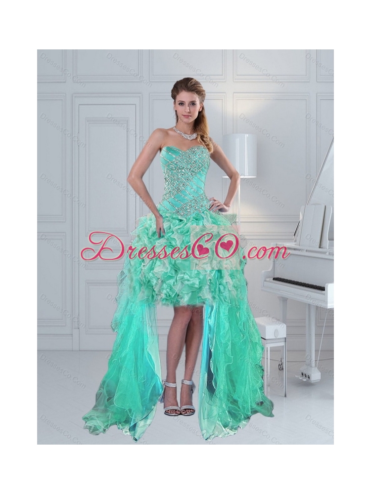 Modest High Low Ruffled Beaded Prom Dress in Apple Green