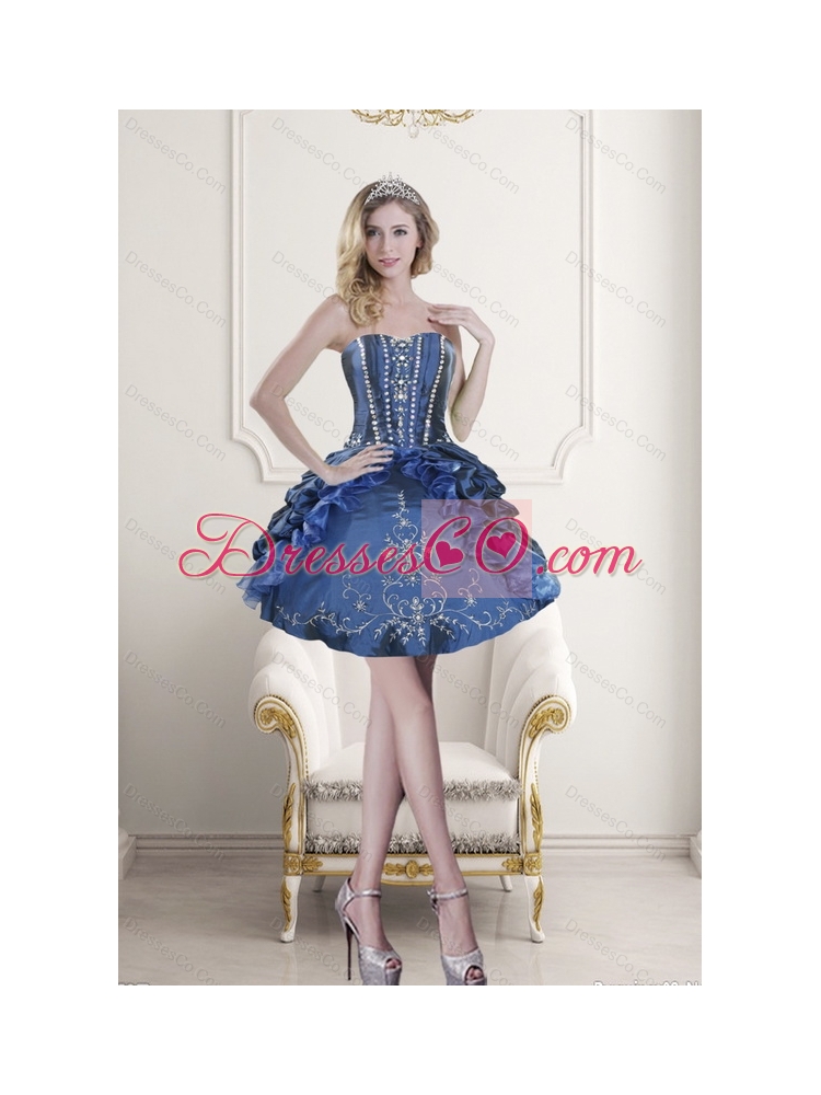 Popular Modest Blue Embroidery and Beading Prom Dress