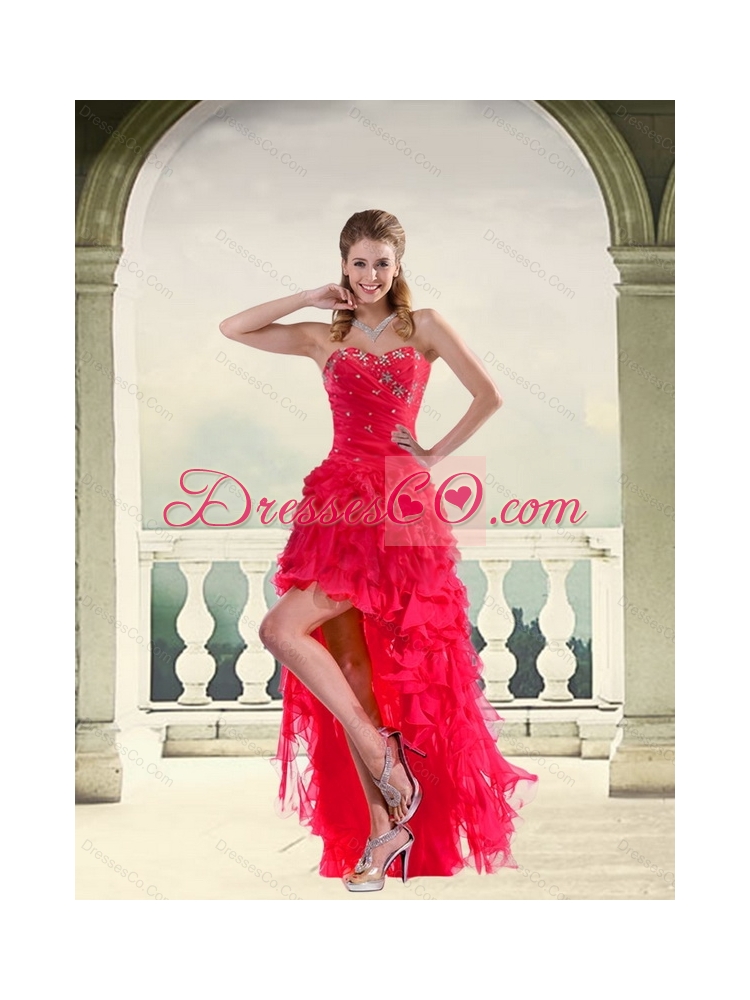 Discount Coral Red Ball Gown Strapless Prom Dress with Ruffles and Beading