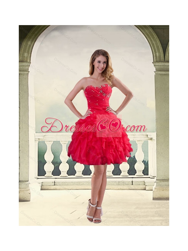 Discount Coral Red Ball Gown Strapless Prom Dress with Ruffles and Beading