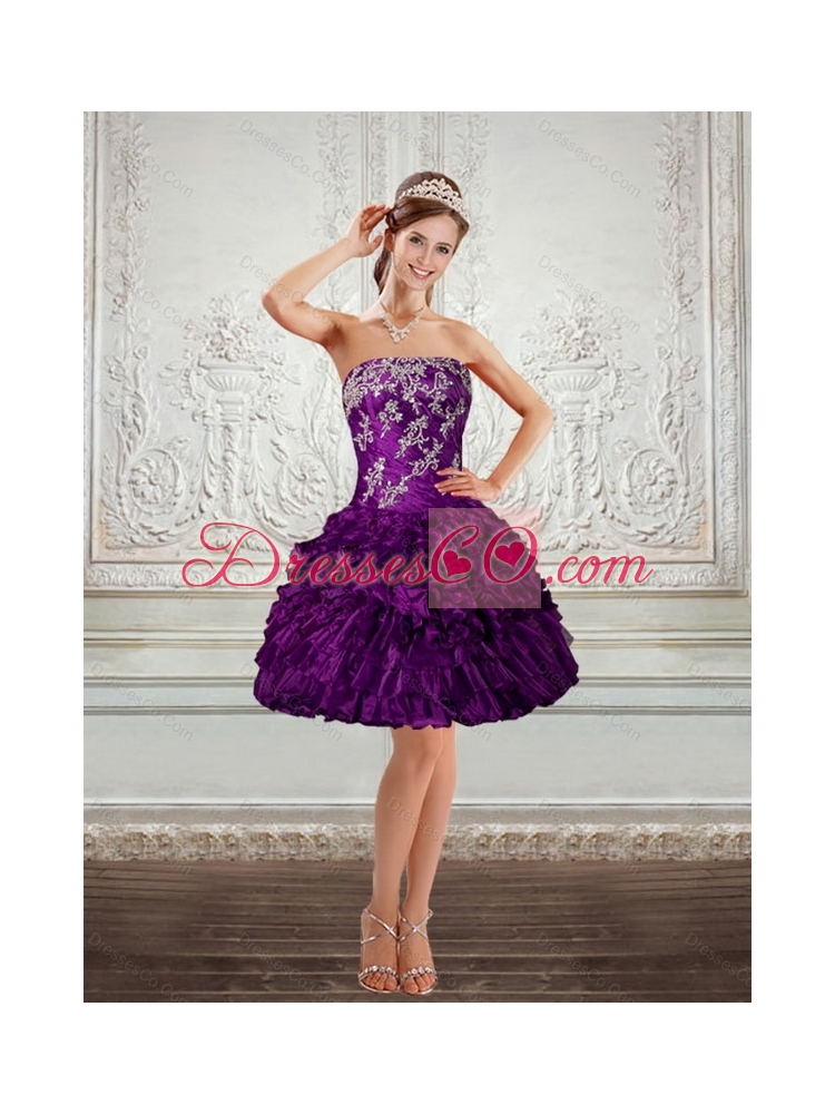 Discount Dark Purple Strapless Prom Dress with Embroidery and Ruffles