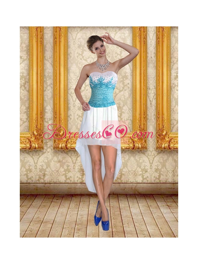 Discount White High Low  Prom Dress with Blue Embroidery