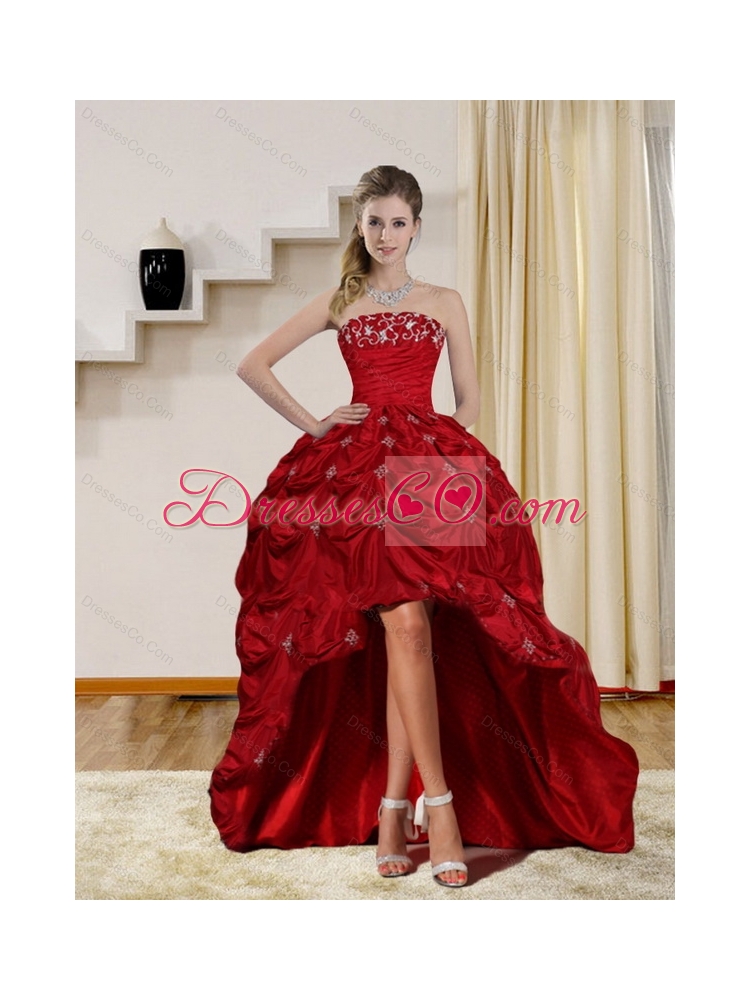 Unique Pretty Strapless Red Prom Dress with Embroidery and Pick Ups