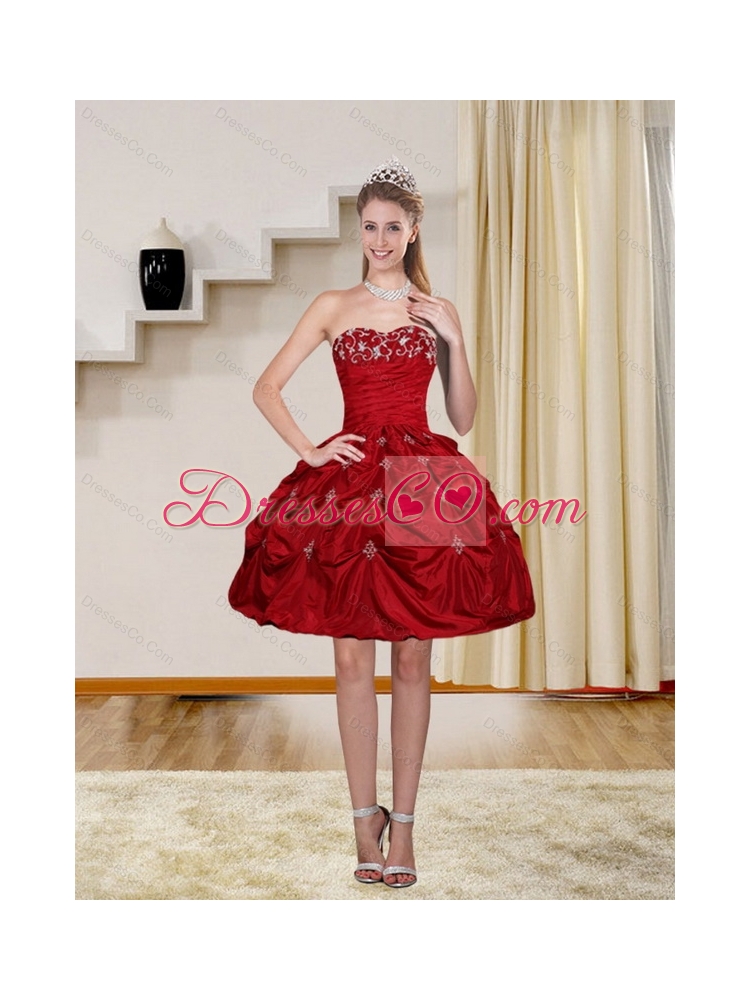 Unique Pretty Strapless Red Prom Dress with Embroidery and Pick Ups