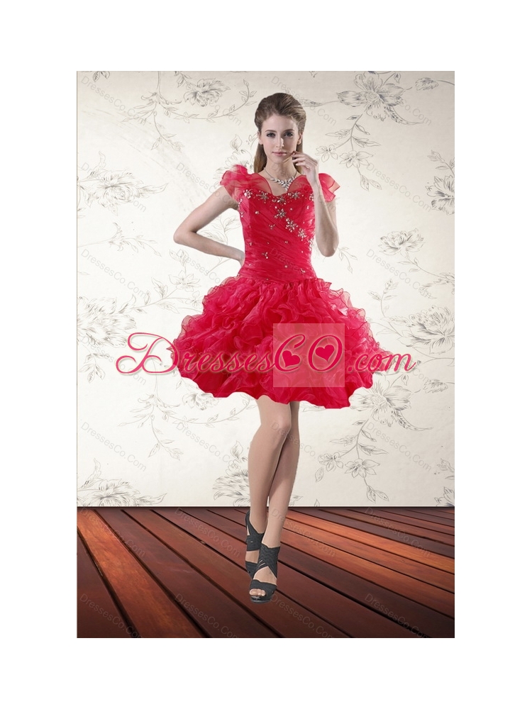 Most Popular Red  Prom Gown with Ruffled Layers and Beading