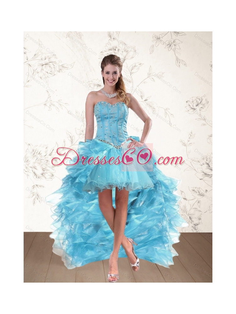 Unique Baby Blue High Low Prom Dress with Ruffles and Beading