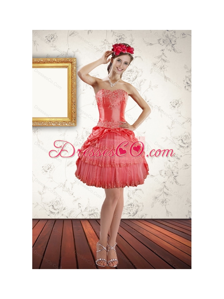 Unique Strapless Coral Red Prom Gown with Ruffled Layers