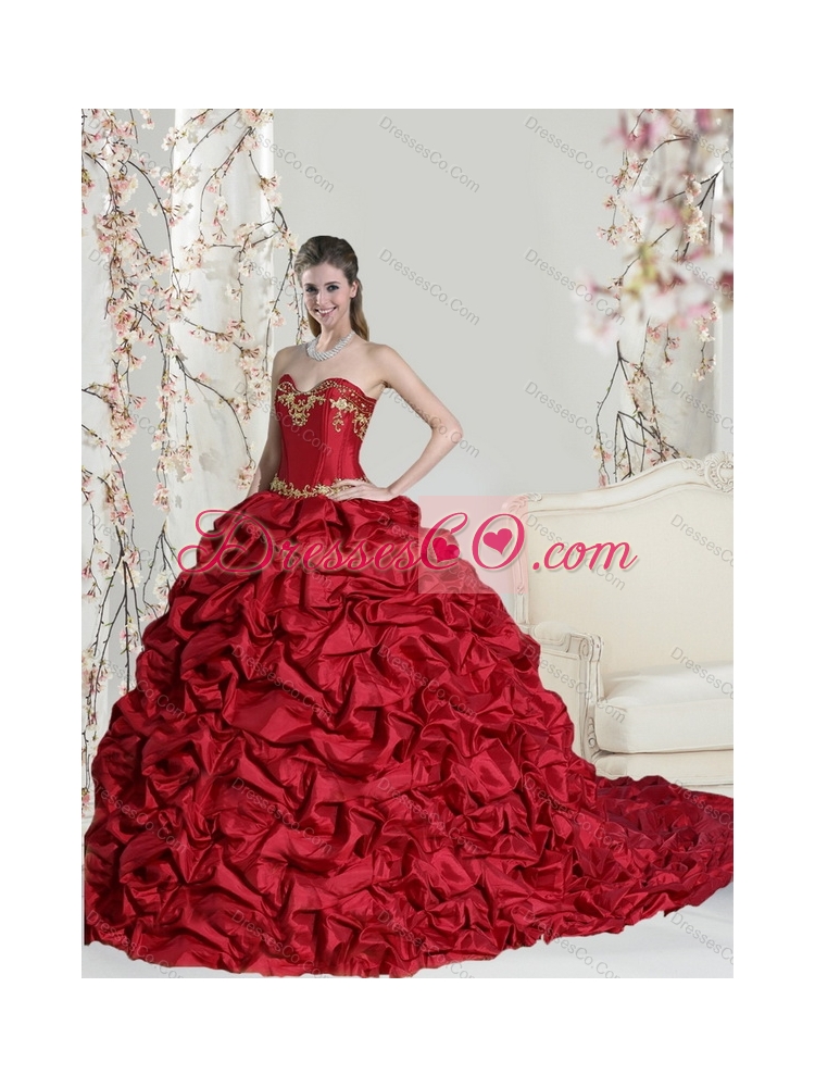 Elegant  Red Quinceanera Dress with Embroidery and Pick Ups