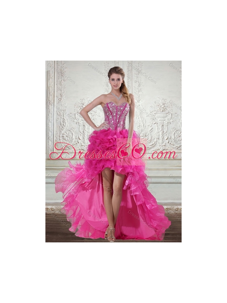 Detachable Hot Pink Quinceanera Gown with Beading and Ruffles