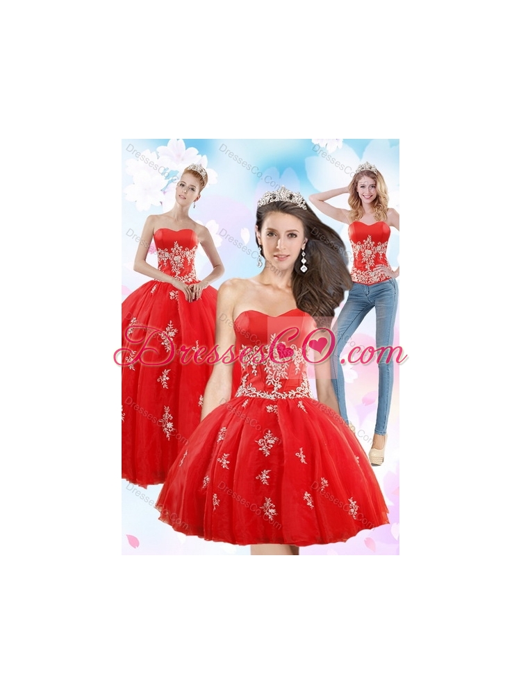 Detachable Strapless Red Quinceanera Skirts With Appliques