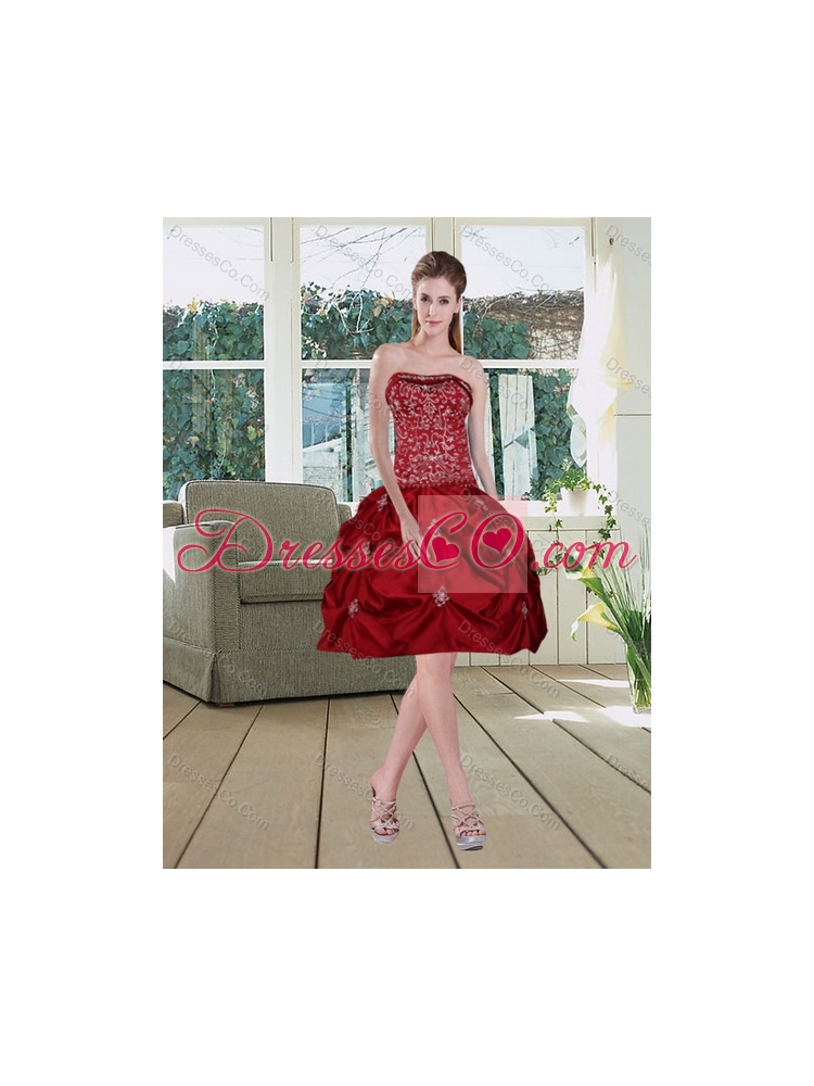 In Stock Wine Red Strapless Quinceanera Dress with Embroidery