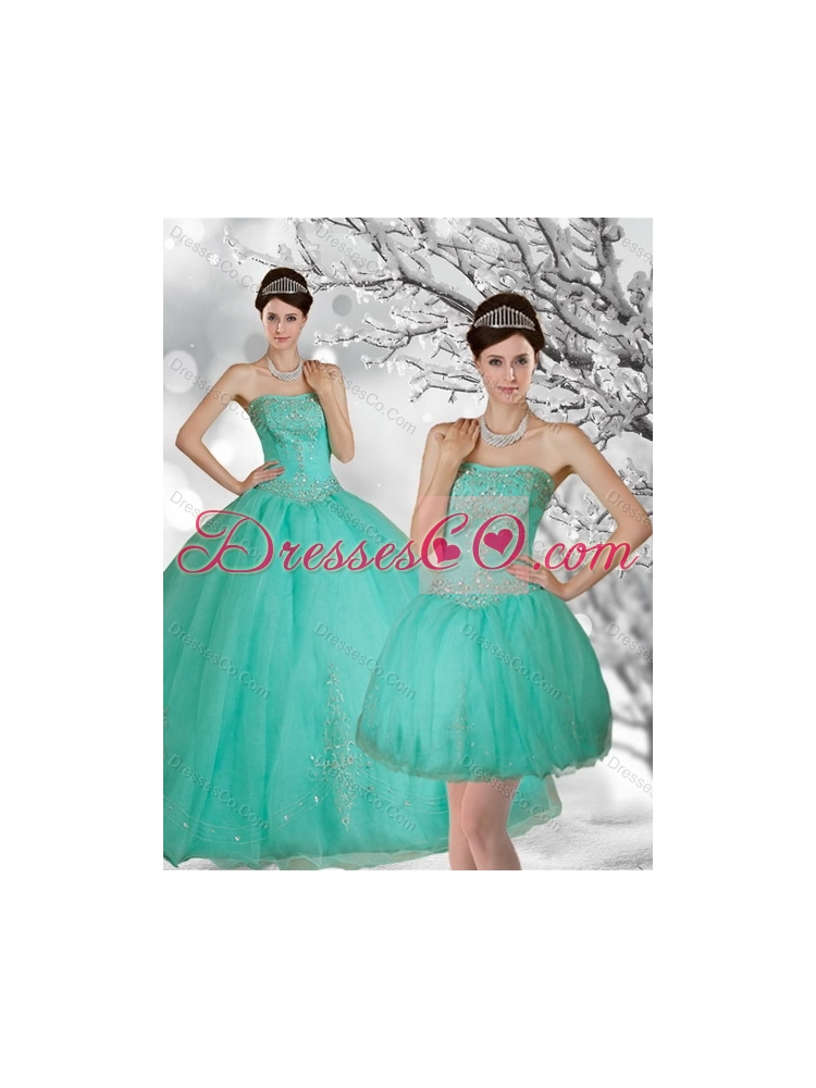 In Stock Apple Green Strapless Quince Dress with Appliques and Beading