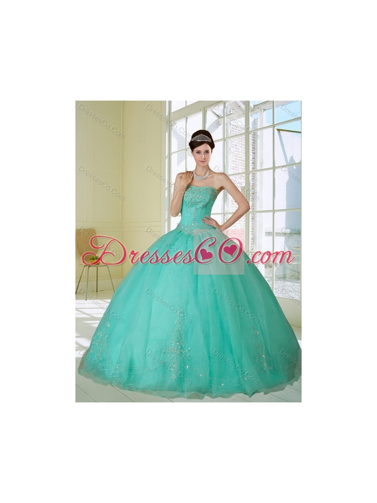 In Stock Apple Green Strapless Quince Dress with Appliques and Beading