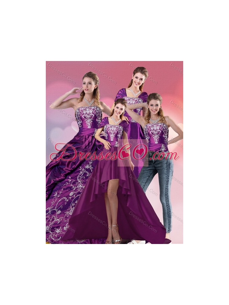 In Stock Embroidery Strapless Quinceanera Dress in Purple for