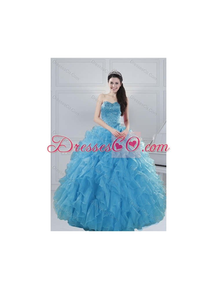 In Stock Baby Blue Quince Dress with Beading and Ruffles