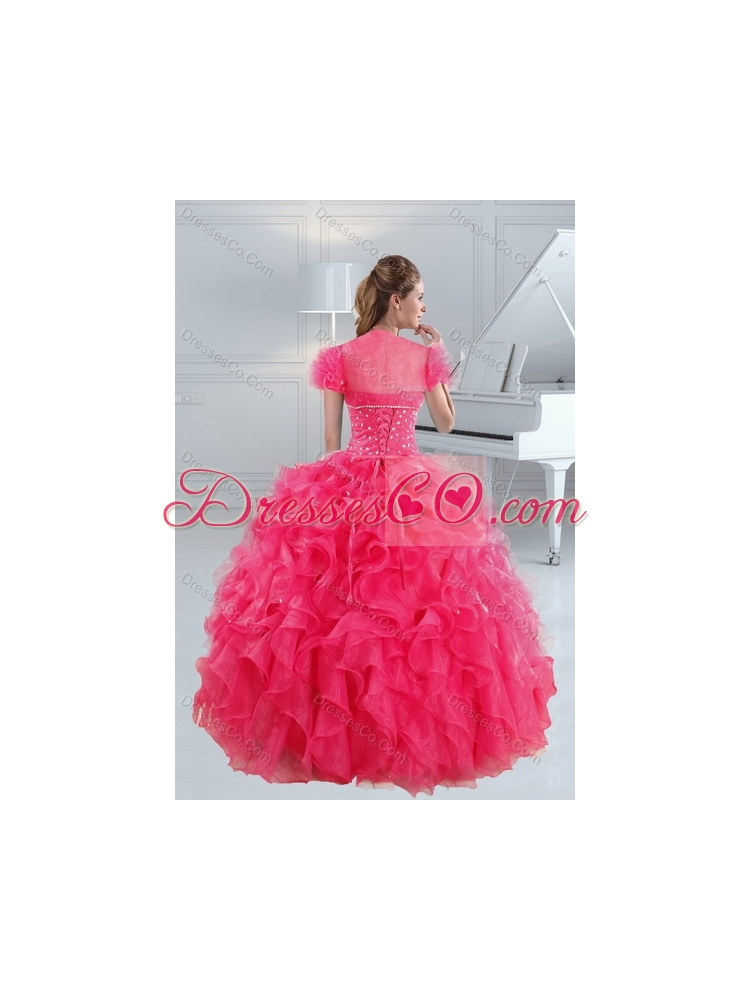 In Stock Hot Pink Sweet 15 Dress with Beading and Ruffles