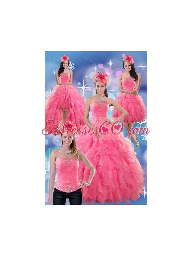 In Stock Rose Pink Strapless Dress Quince with Ruffles and Beading