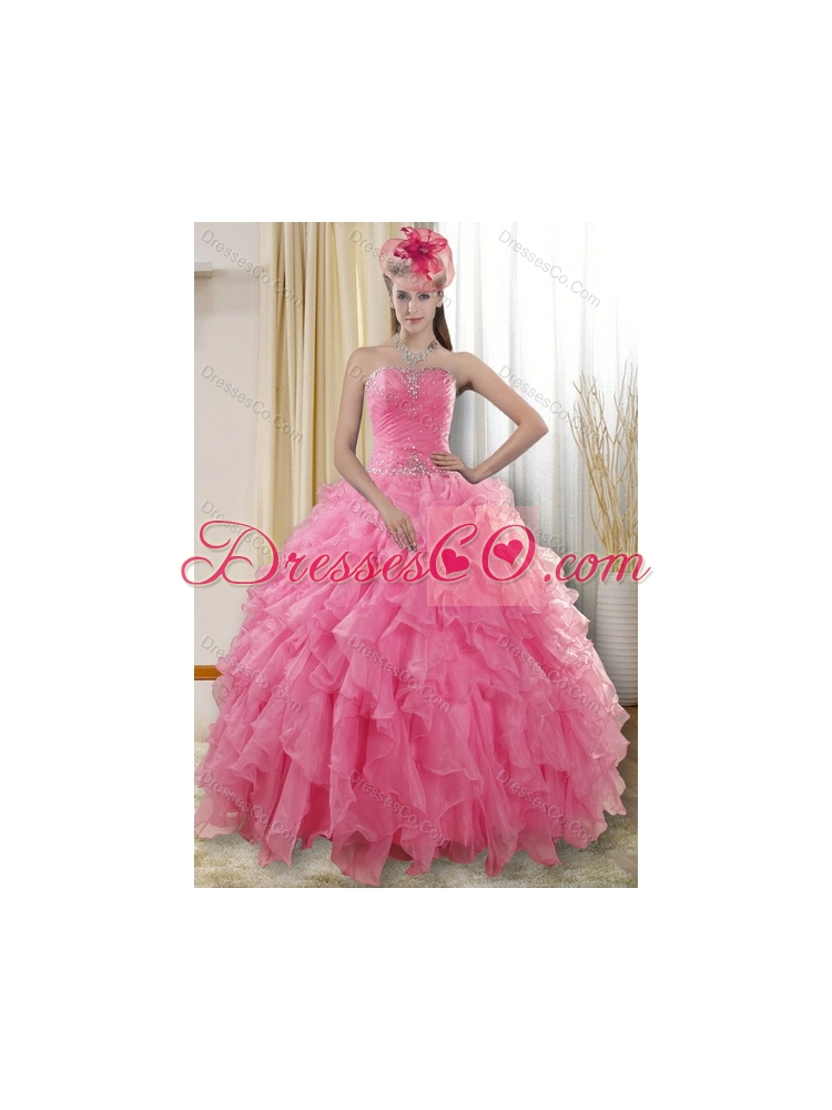 In Stock Rose Pink Strapless Dress Quince with Ruffles and Beading
