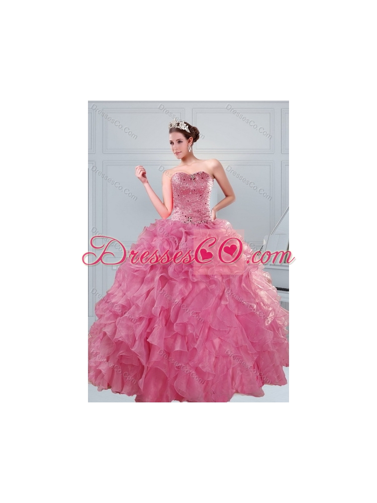 In Stock  Beading and Ruffles Quinceanera Dress in Coral Red