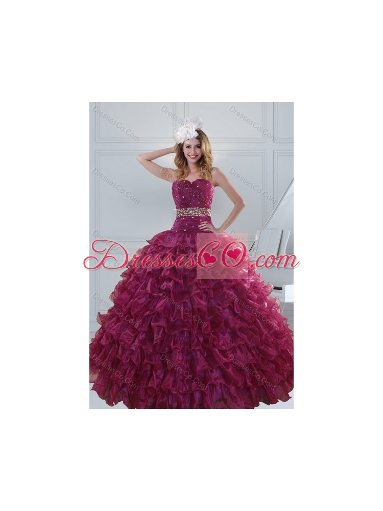 In Stock  Burgundy Sweet 15 Dress with Beading and Ruffles