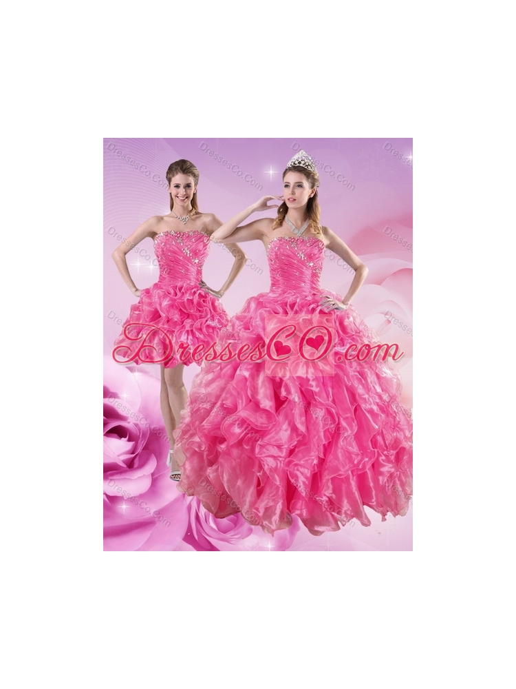 In Stock Hot Pink Quince Dress with Beading and Ruffles for