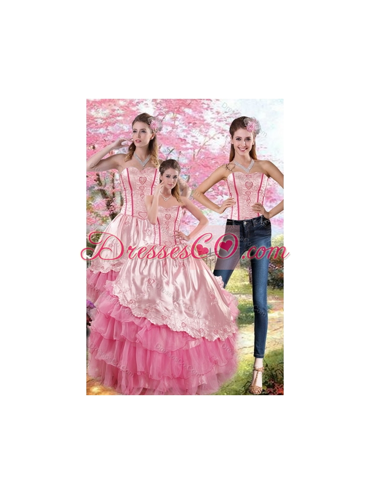 In Stock Pink Strapless  Quinceanera Dress with Embroidery and Ruffles