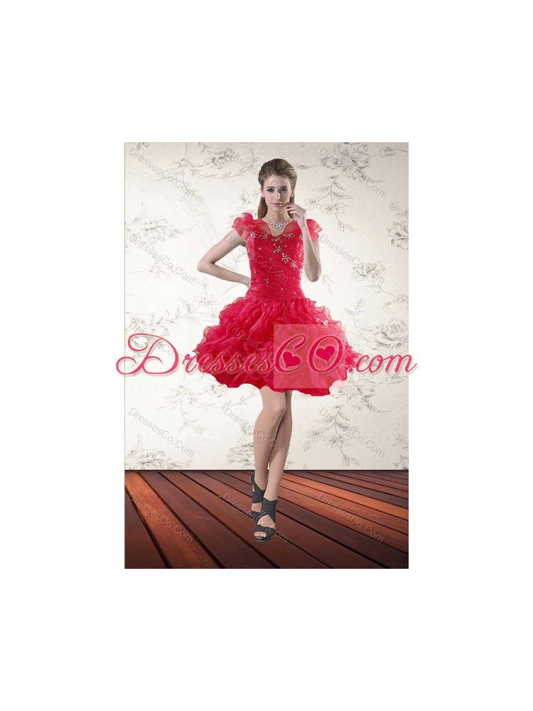 In Stock Red Quince Dress with Ruffles and Beading