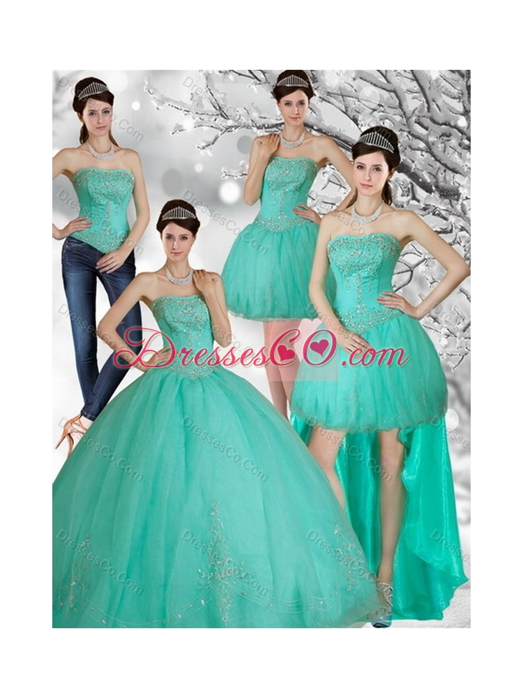 Appliques and Beading Strapless Sweet 15 Dress in Apple Green