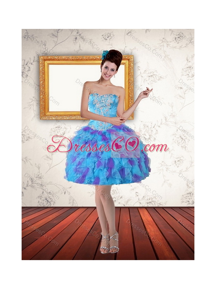 Beaded Strapless Multi Color Quinceanera Dress with Ruffles and Sash