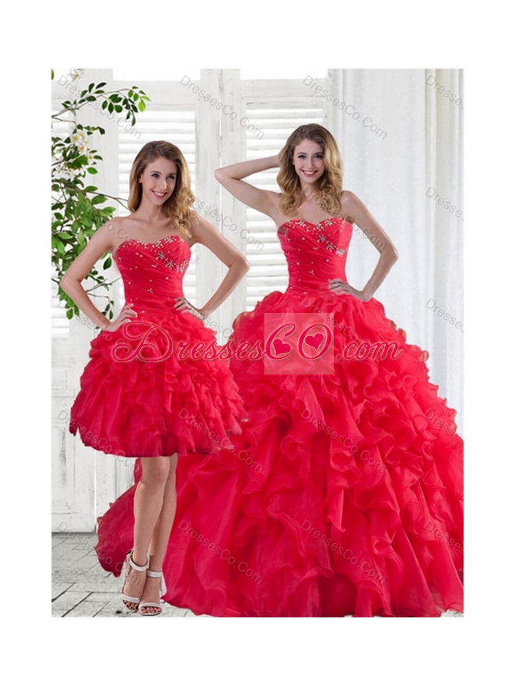 Red Strapless Quinceanera Dress with Ruffles and Beading