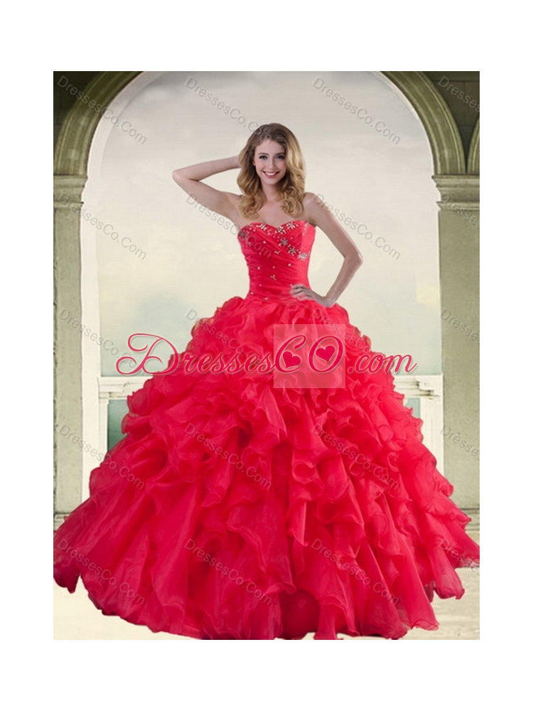 Red Strapless Quinceanera Dress with Ruffles and Beading